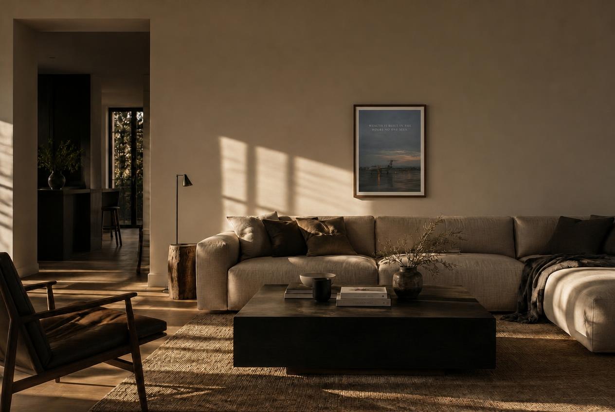 A framed print above a linen sofa in a dark minimalist living room